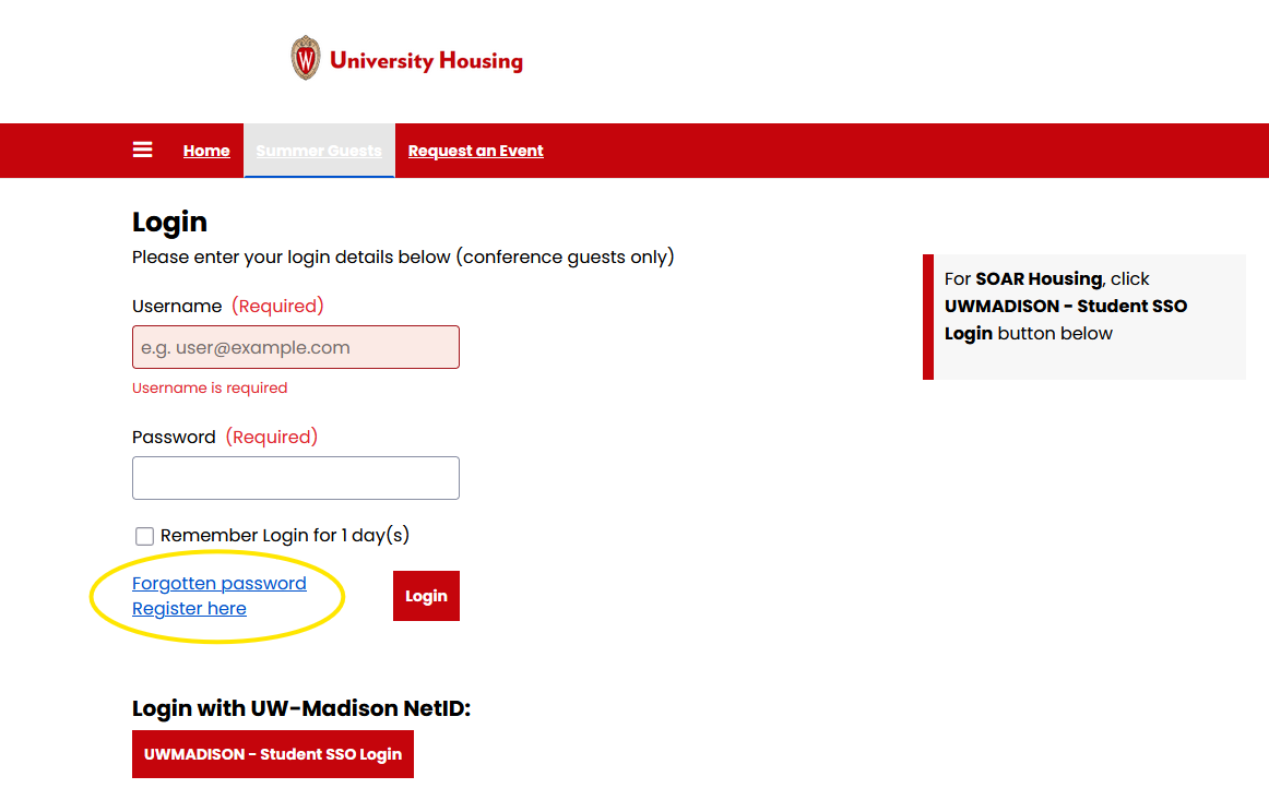 Step 2 — Register here on the StarRez portal login page