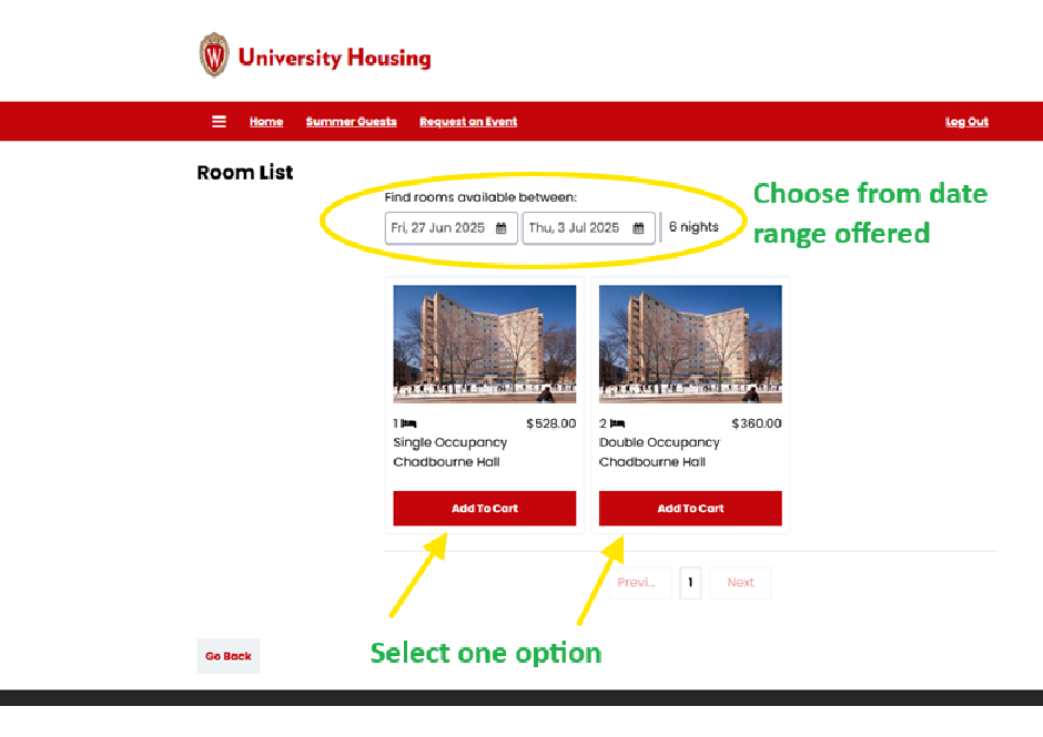 Step 6 — Housing options and room selection page